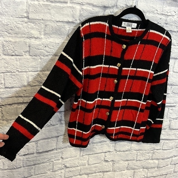 Vintage SEGUE sweater. size medium. plaid black/red/white striped - Picture 2 of 10